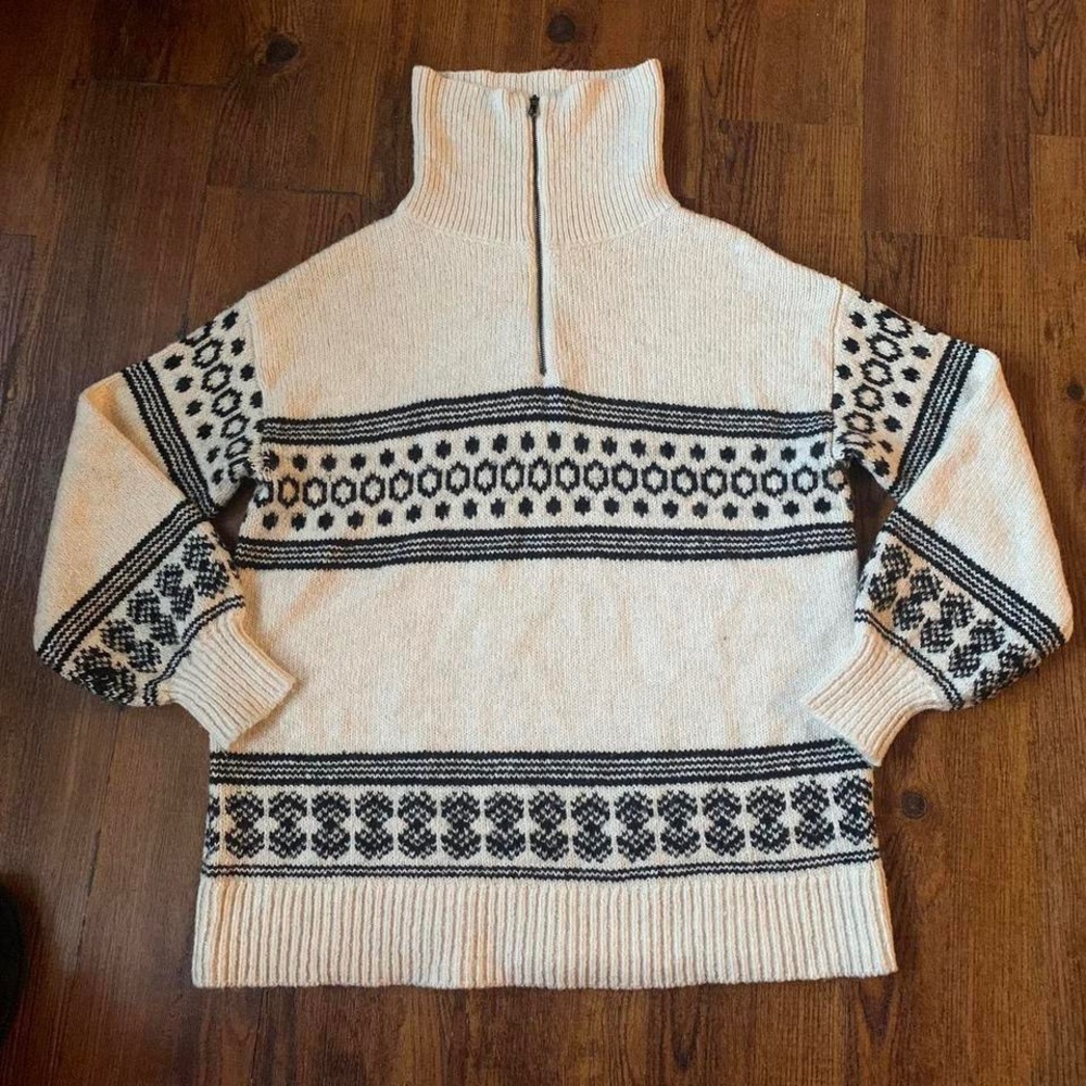 Reitmans Cream Black Fair Isle Half Zip Knit Sweater Size Small Cozy Winter - Picture 6 of 8